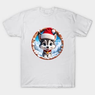 The Cute Christmas Dog Wearing Santa Hat Peeking Through The Hole In The Wall T-Shirt